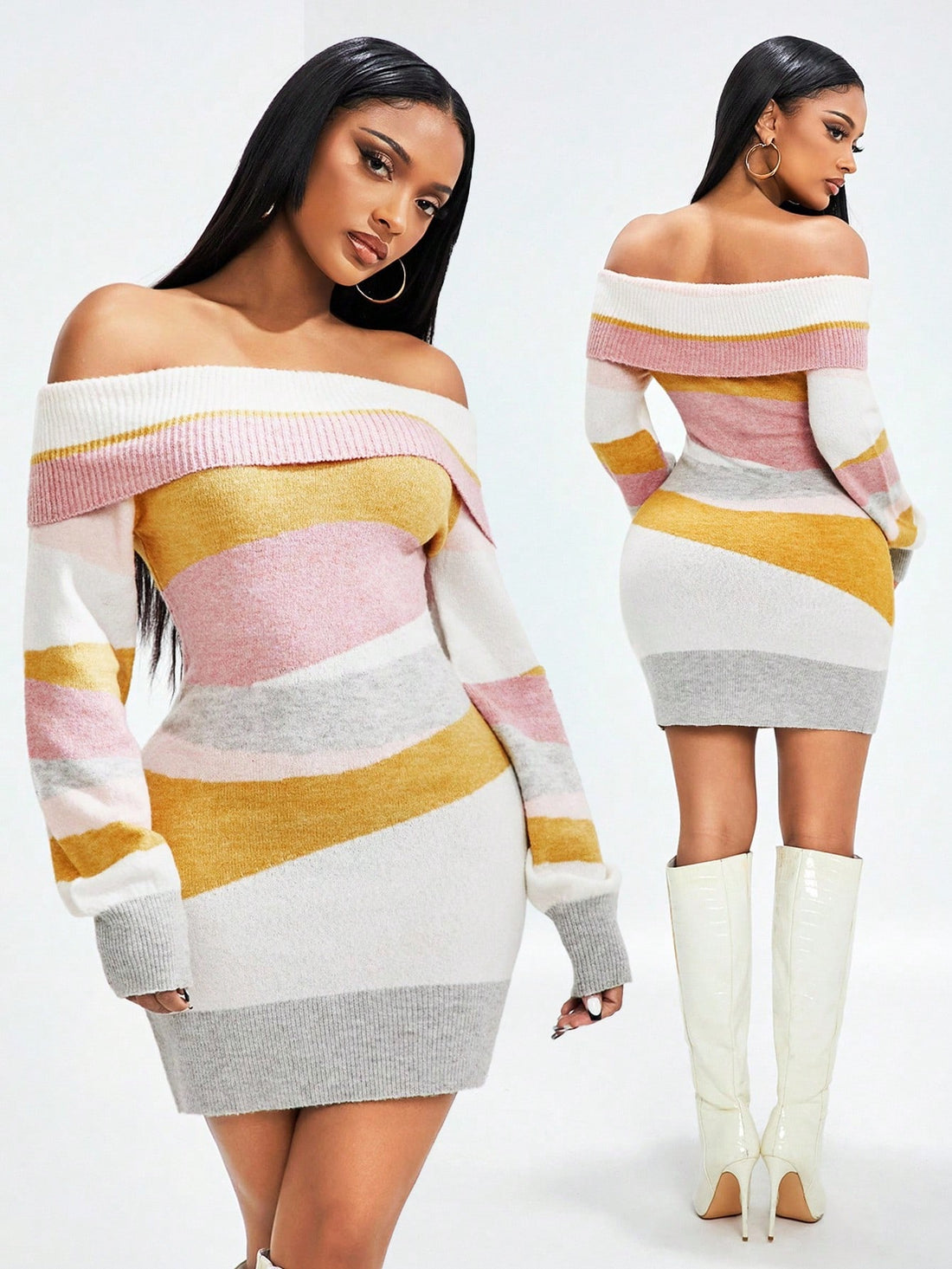 Elevate your cold-weather wardrobe with this show-stopping multicolor off-shoulder sweater dress! Featuring a playful mix of hues and a flirty off-shoulder neckline, it's the perfect piece to turn heads from September through February. The cozy knit fabric keeps you warm while the trendy silhouette keeps you looking effortlessly chic. Whether you're heading to brunch, a casual date, or a night out with friends, this versatile dress transitions seamlessly from day to night. Layer it with tights and boots for