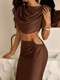 Brown fitted maxi skirt set with draped crop top