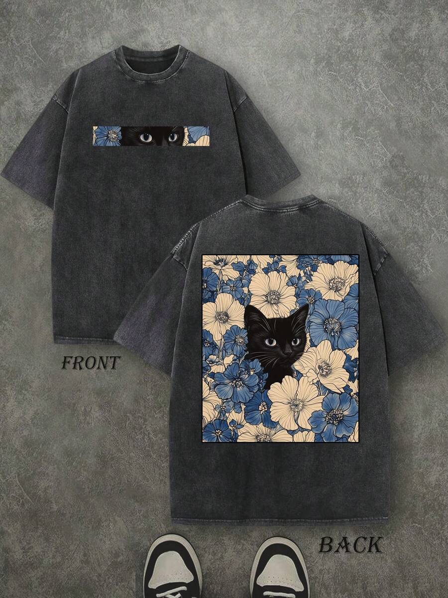 Front and back view of washed black cat floral graphic T-shirt with floral artwork