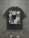 Back view of washed black cat floral graphic T-shirt with large cat and flower print