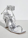 Black and silver lace up rhinestone low block heel sandals image 25