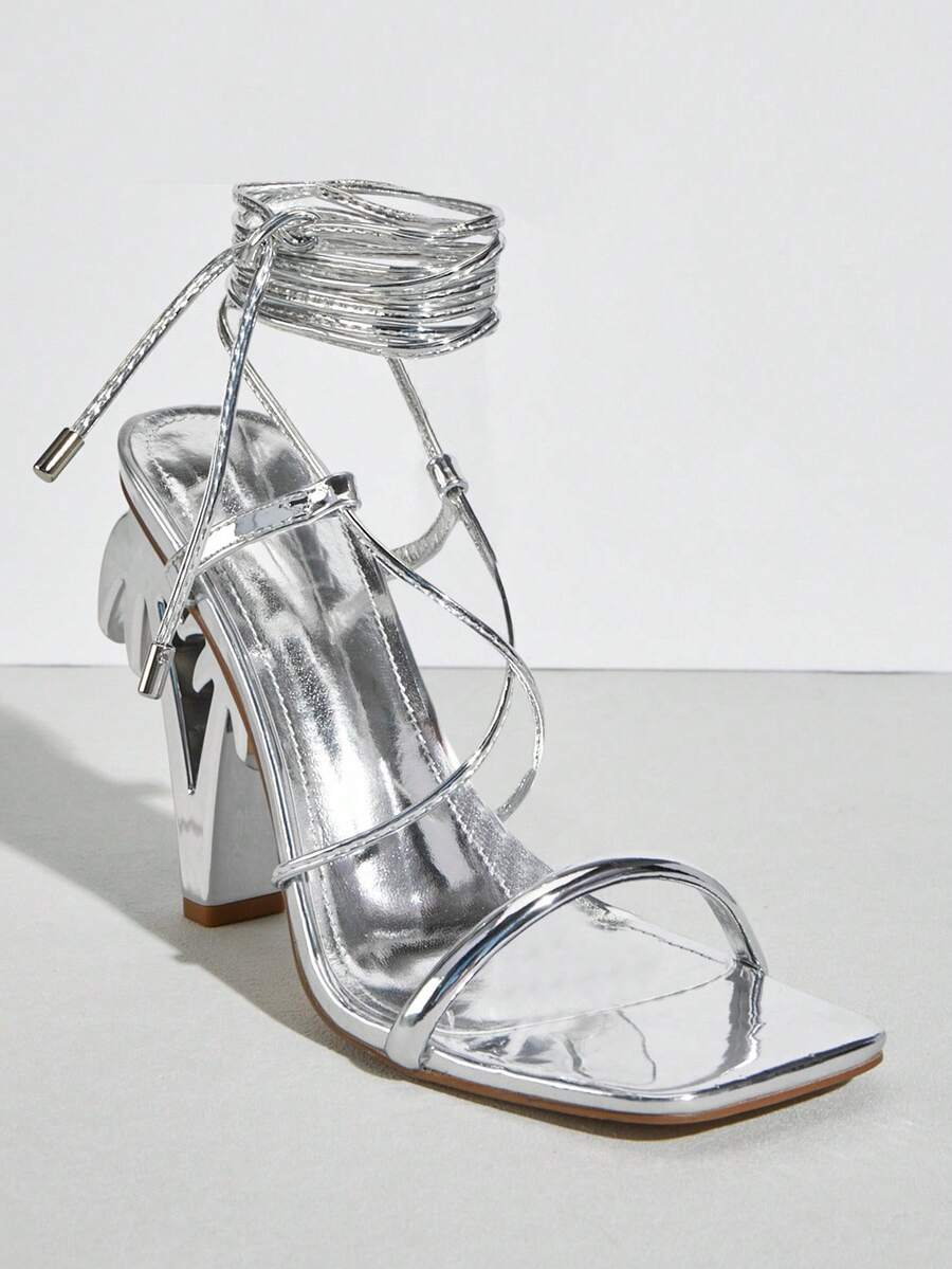 Black and silver lace up rhinestone low block heel sandals image 25