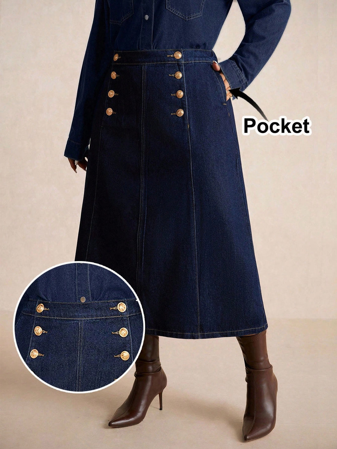 Step out in style with this playful dark blue denim mini skirt that hugs your curves just right. The high waist flatters your silhouette while the shiny gold buttons add a fun pop of detail. Perfect for layering this autumn, it pairs effortlessly with your favorite tops for a look that's both chic and slimming.