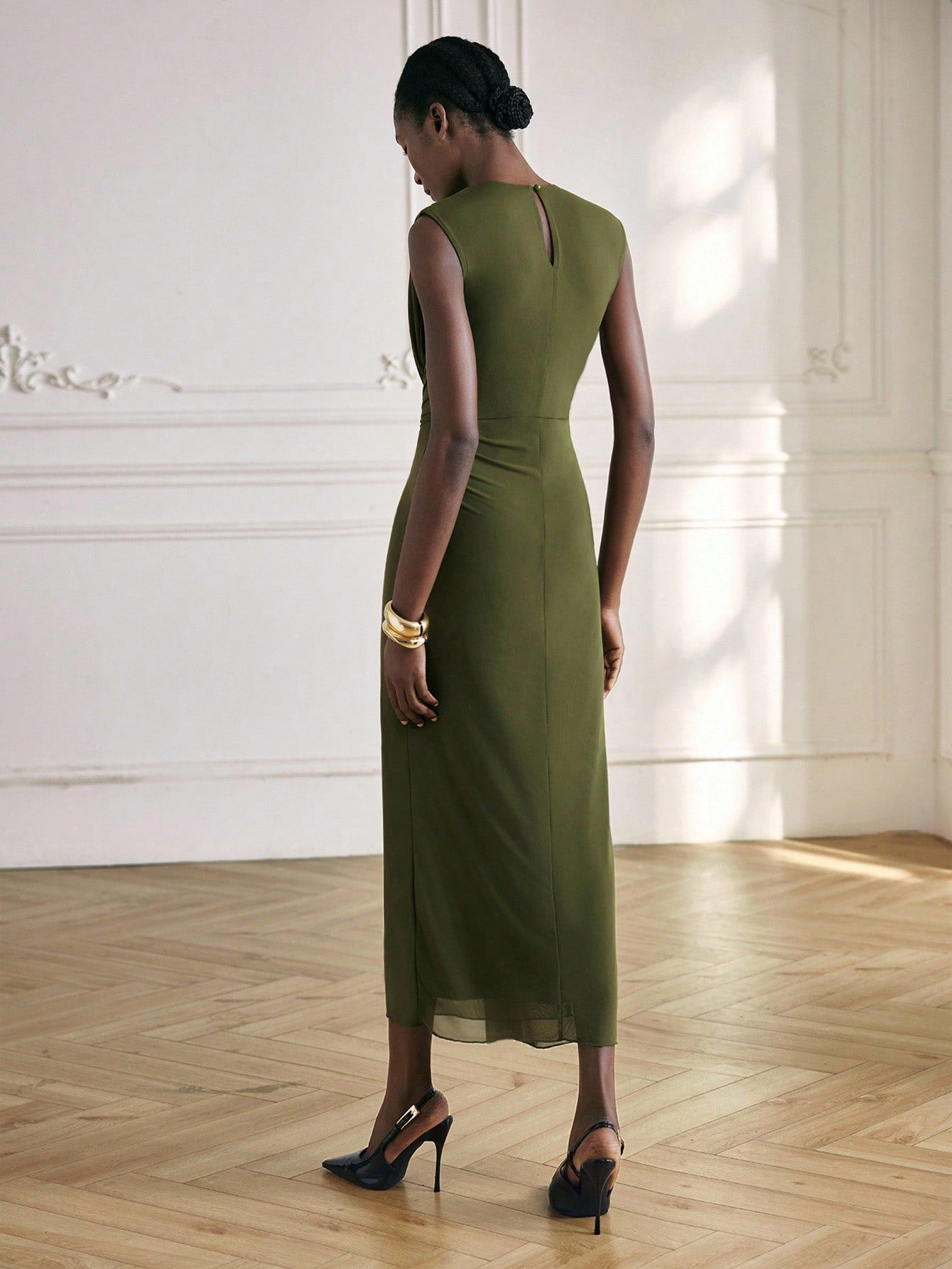 Elegant Olive Green Pleated Fitted Dress for Women - Perfect