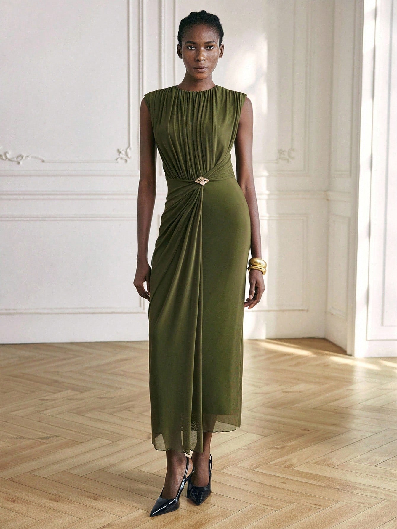 Elegant Olive Green Pleated Fitted Dress for Women - Perfect