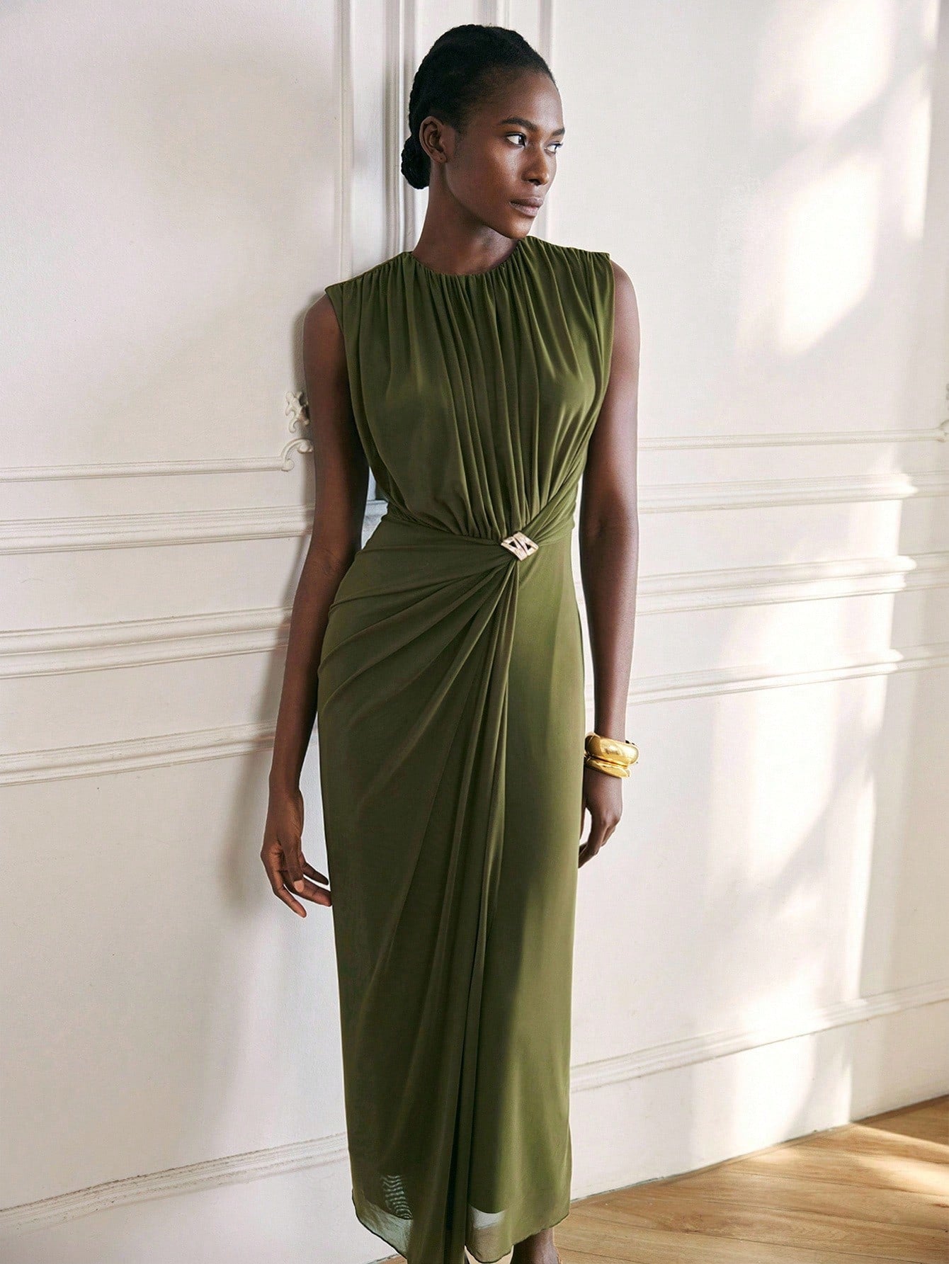 Elegant Olive Green Pleated Fitted Dress for Women - Perfect Wedding G Canary Houze Elegant Olive Green Pleated Fitted Dress for Women - Perfect Wedding G Canary Houze
