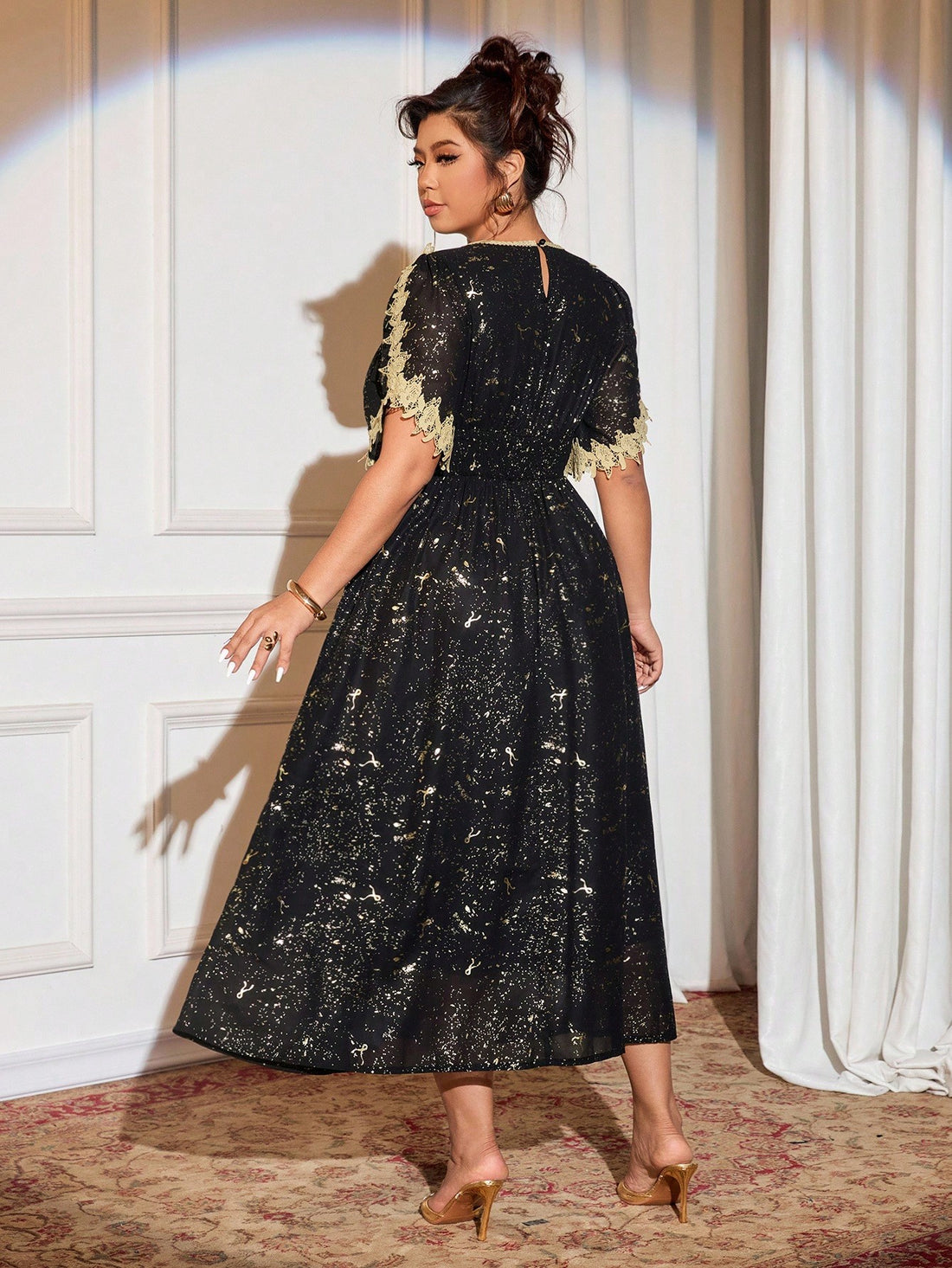 Shimmer and shine in this show-stopping chiffon dress that celebrates your curves with effortless glamour. The luxurious gold foil detailing catches the light beautifully, while delicate lace trim and strategic hollow-out accents add just the right amount of sass and sophistication. Flowing fabric moves with you, creating an elegant silhouette that feels as fabulous as you look. Perfect for date nights, celebrations, or whenever you want to turn heads and feel absolutely radiant.