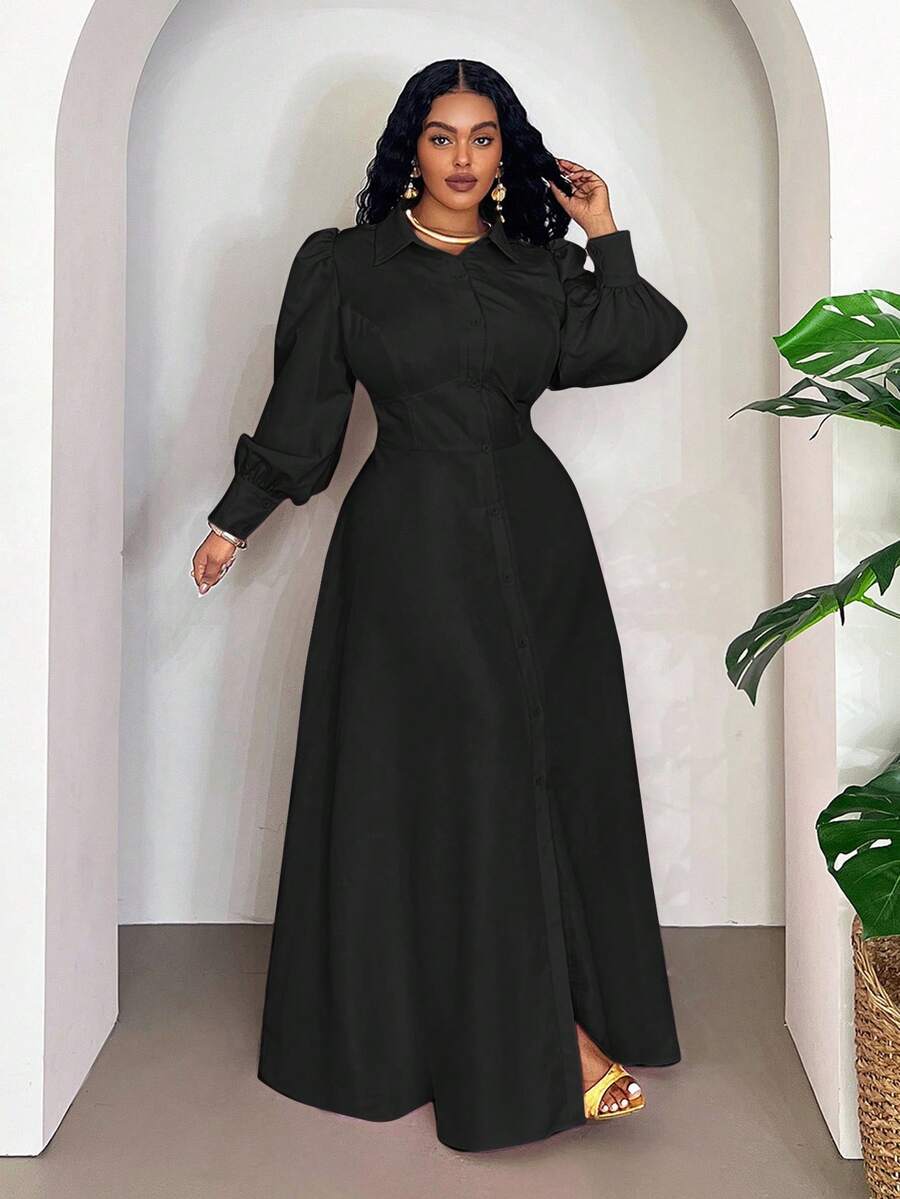Step out in style with this elegant plus-size long dress featuring chic front buttons and a flattering solid color. Designed for stylish commuters, it combines comfort and sophistication, making your daily journey feel like a runway stroll. Perfect for those who want to add a playful yet polished touch to their wardrobe!
