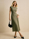 Olive black beige striped sleeveless rib knit maxi dress front view