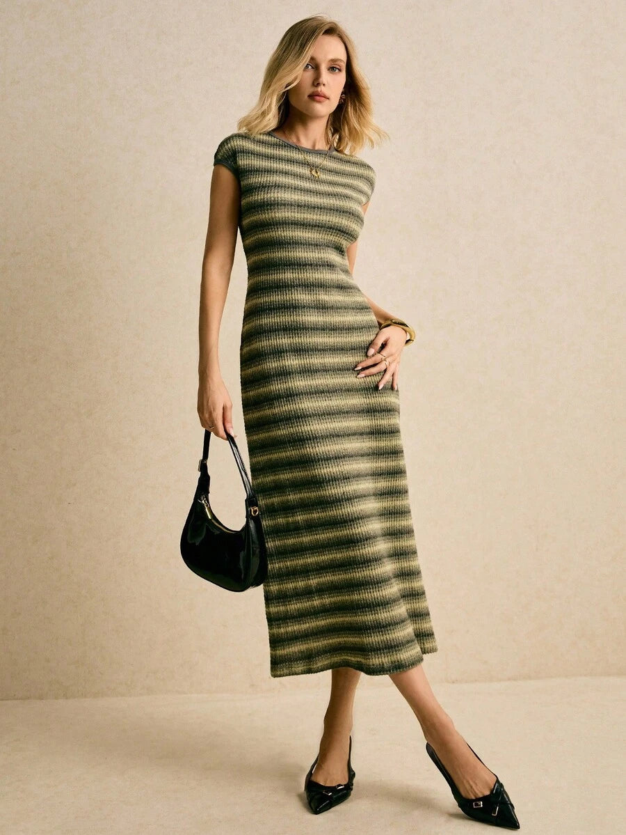 Olive black beige striped sleeveless rib knit maxi dress front view