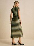 Olive black beige striped sleeveless rib knit maxi dress back view