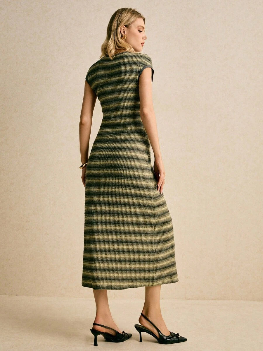 Olive black beige striped sleeveless rib knit maxi dress back view