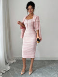 Beige pink tweed blazer dress set front catalog view