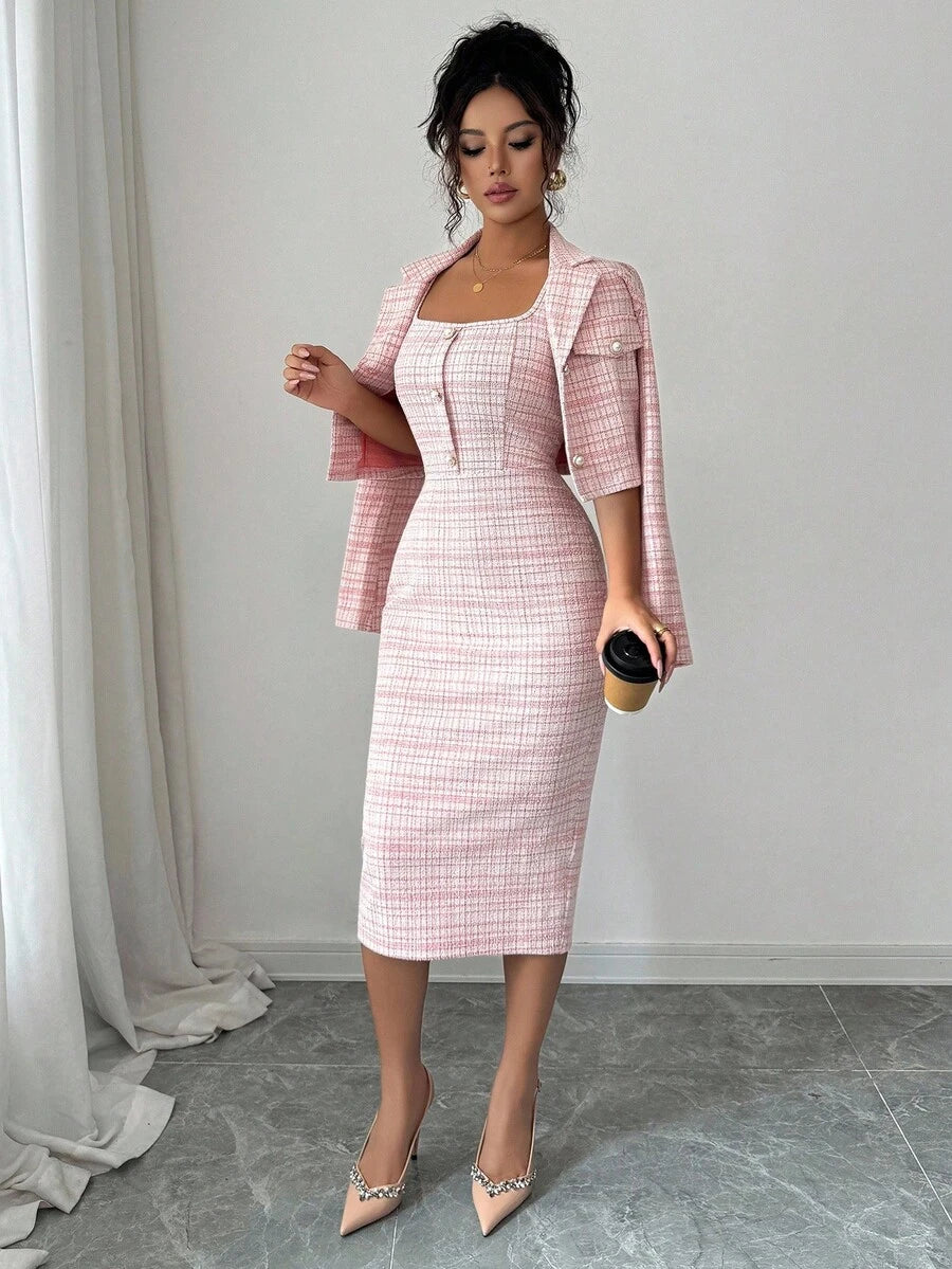 Beige pink tweed blazer dress set front catalog view