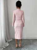 Pink tweed blazer and bodycon midi dress set back view