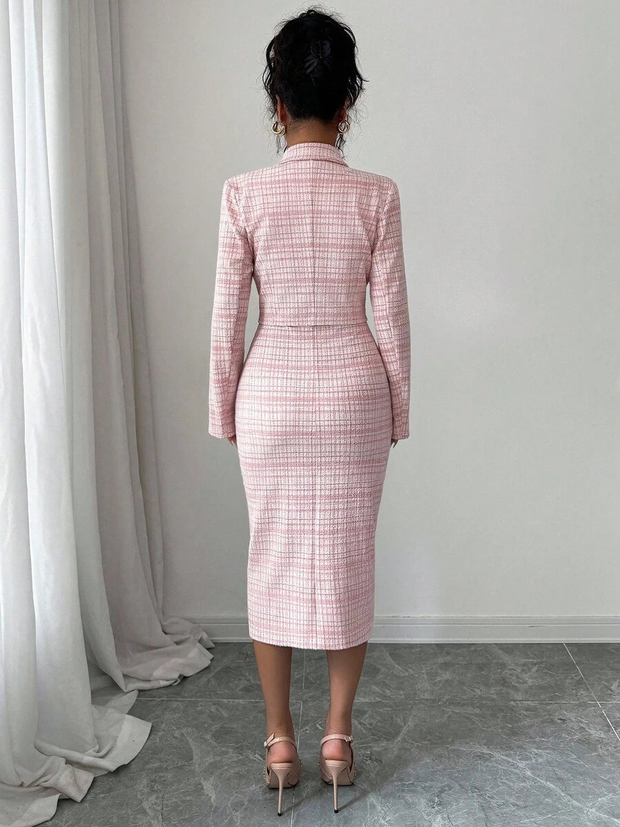 Pink tweed blazer and bodycon midi dress set back view