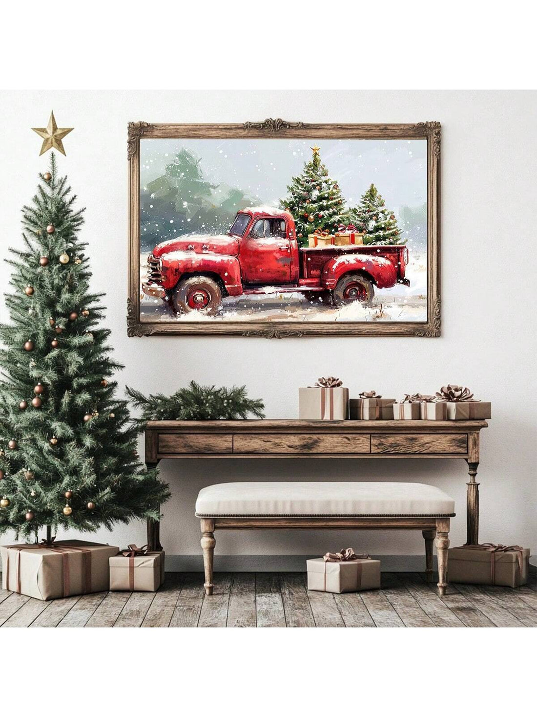 Bring festive cheer to your walls with this delightful vintage red pickup truck canvas art! Perfect for the holiday season, this charming winter landscape captures the cozy nostalgia of classic Americana. The warm red truck contrasts beautifully against a serene snowy backdrop, creating an inviting focal point for any room. Whether you're decorating your living room, bedroom, or cabin retreat, this playful piece adds personality and seasonal spirit to your space. A wonderful gift for truck enthusiasts and h