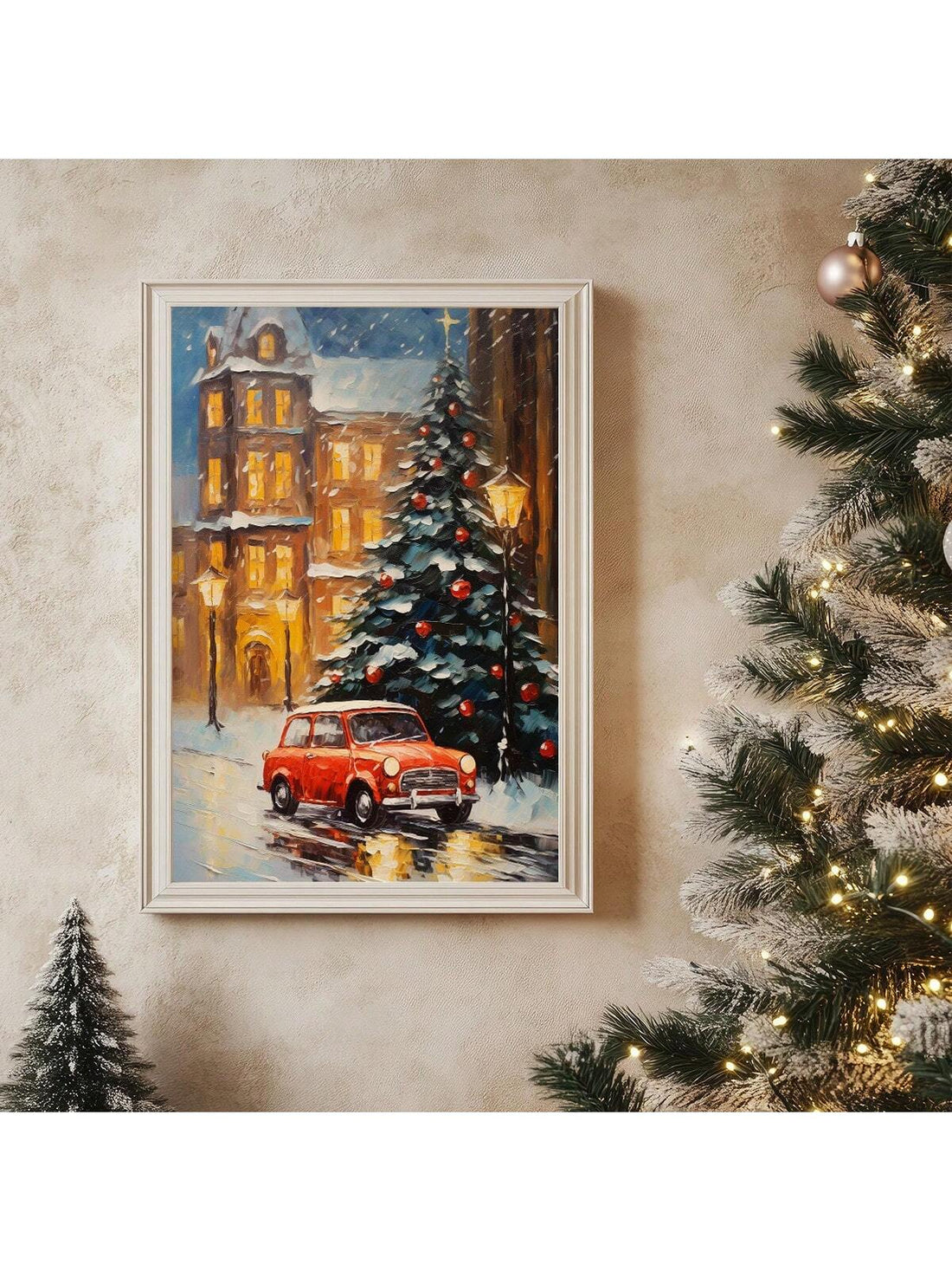 Bring nostalgic holiday charm to your walls with this delightful vintage-inspired canvas art. Featuring a classic red car nestled beside a festive Christmas tree, this piece captures the warmth and wonder of traditional seasonal celebrations. Perfect for living rooms, bedrooms, or entryways, it adds a whimsical touch that complements both modern and rustic décor styles. The timeless design celebrates the magic of the holidays year after year, making it an ideal gift for anyone who loves retro aesthetics and