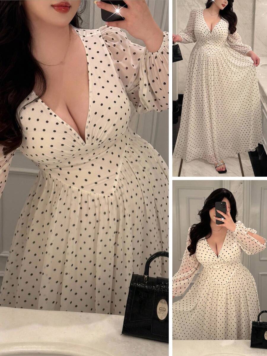 Embrace timeless elegance with this sophisticated plus-size maxi dress, featuring a flattering V-neck halter design that gracefully frames the shoulders. The enchanting blend of delicate floral prints and playful polka dots creates visual interest while maintaining a refined vintage aesthetic. Crafted for comfort and style, this dress transitions seamlessly from casual daytime wear to evening occasions. The flowing maxi silhouette provides an elongating effect, while the halter neckline offers excellent sup