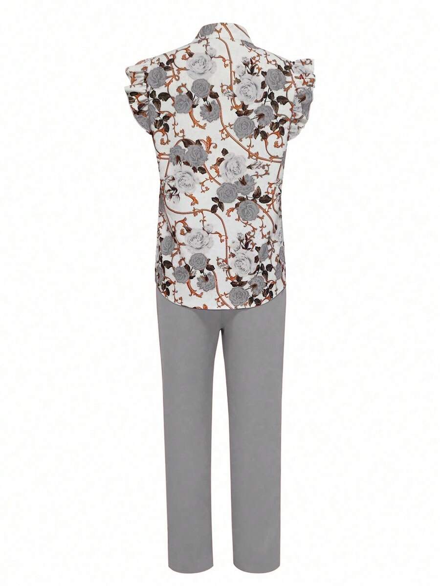Elevate your office wardrobe with this chic 2-piece set featuring a floral print camisole with delicate ruffle trim and functional pockets, paired with tailored black pants. The V-neck top showcases an elegant all-over botanical pattern in light grey, while cap sleeves and regular fit provide comfortable everyday wear. Black pants complete the polished look with a short length and unlined construction. Perfect for the modern professional seeking effortless style