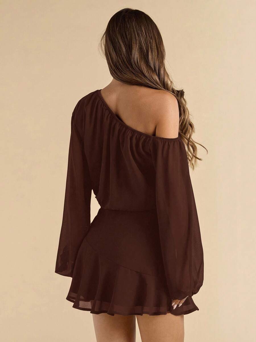 Dark brown one shoulder sheer sleeve mini dress full front view