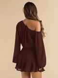Dark brown one shoulder mini dress back view with sheer bishop sleeve