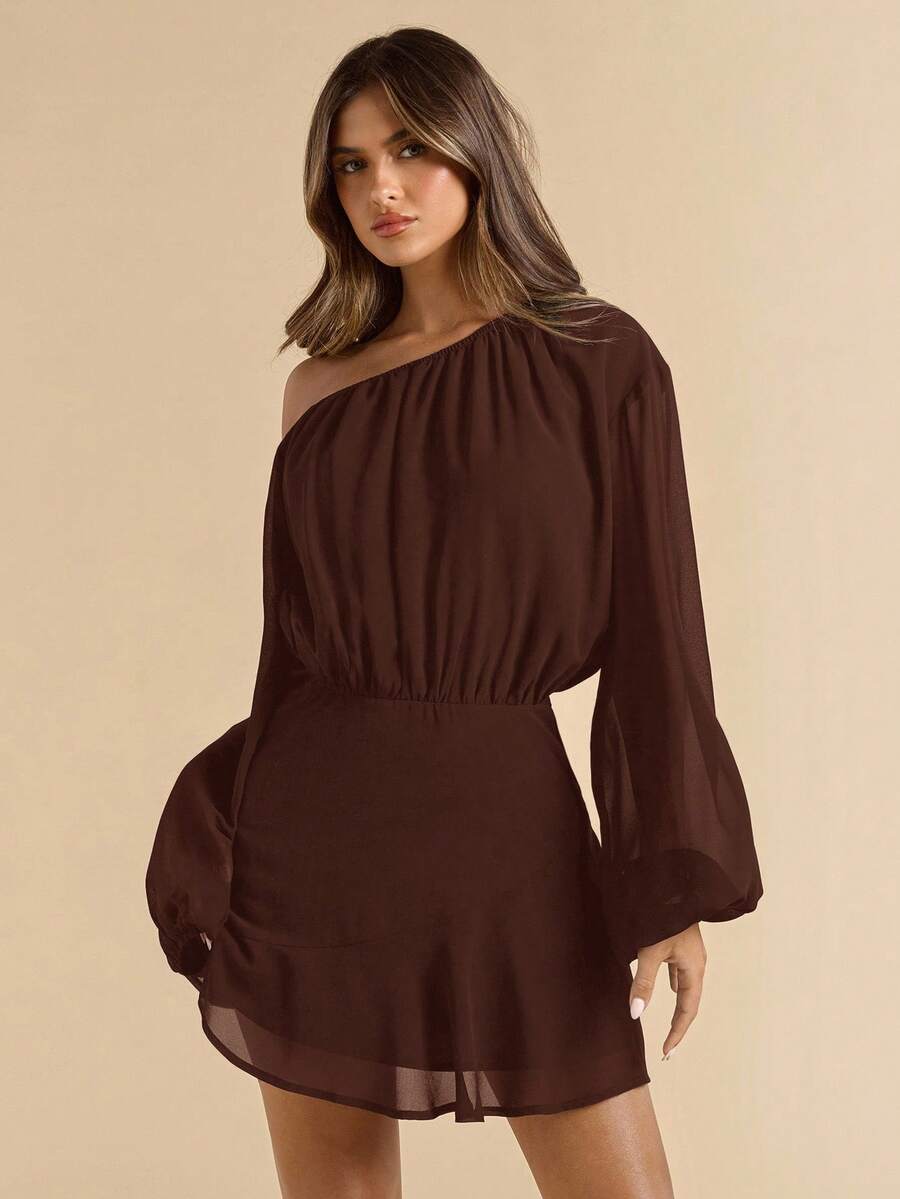 Dark brown off shoulder blouson mini dress front close-up
