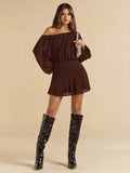 Dark brown one shoulder chiffon mini dress full front with flounce hem