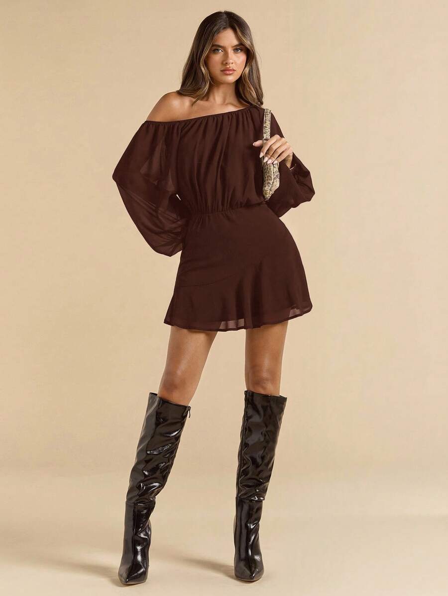 Dark brown one shoulder chiffon mini dress full front with flounce hem