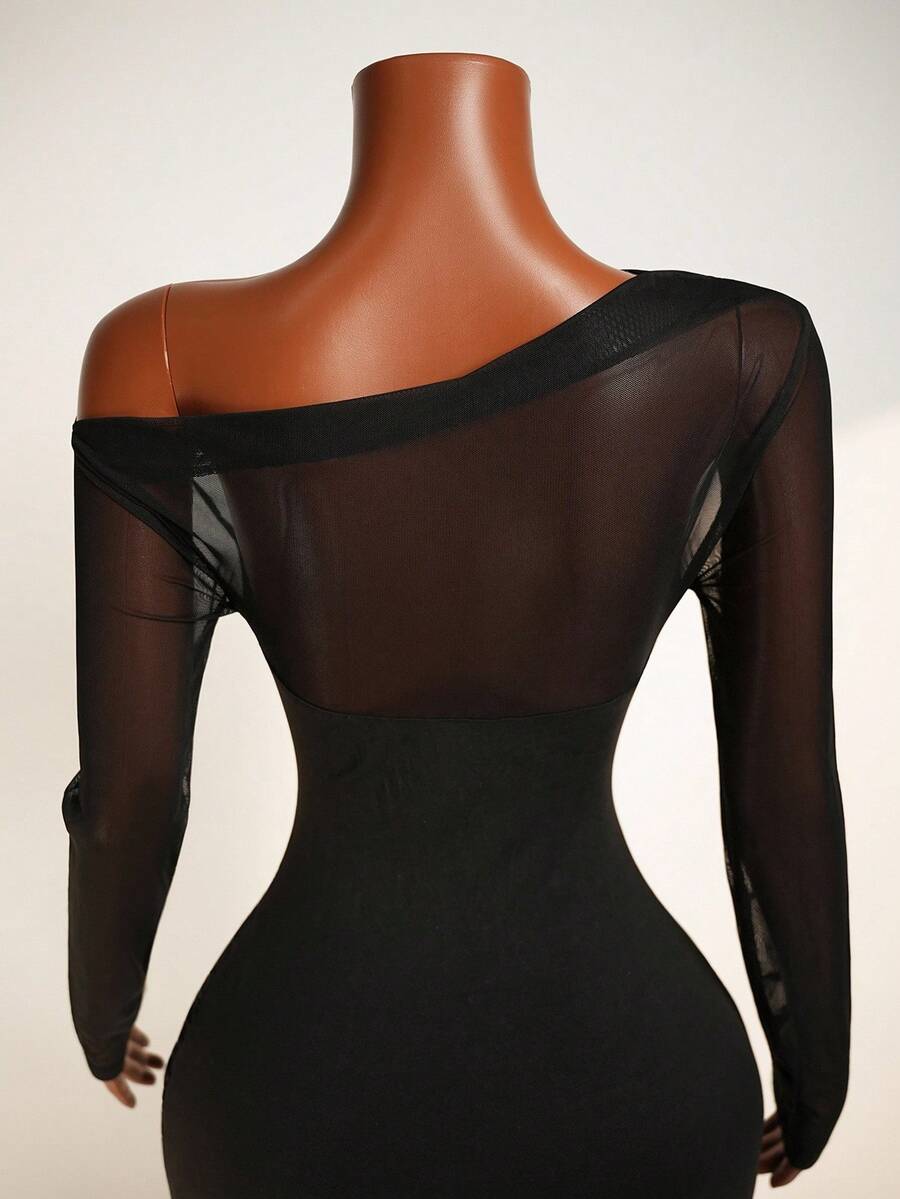 Make a statement with this daring asymmetric shoulder mini dress that's all about breaking the rules. The unexpected mesh panels add an edgy touch while the playful ruffle hem keeps things flirty and fun. Perfect for anyone ready to turn heads and show off their bold side. Whether you're hitting the dance floor or stepping out for a night on the town, this dress delivers attitude with style. Pair it with your favorite heels and confidence—that's all you need.