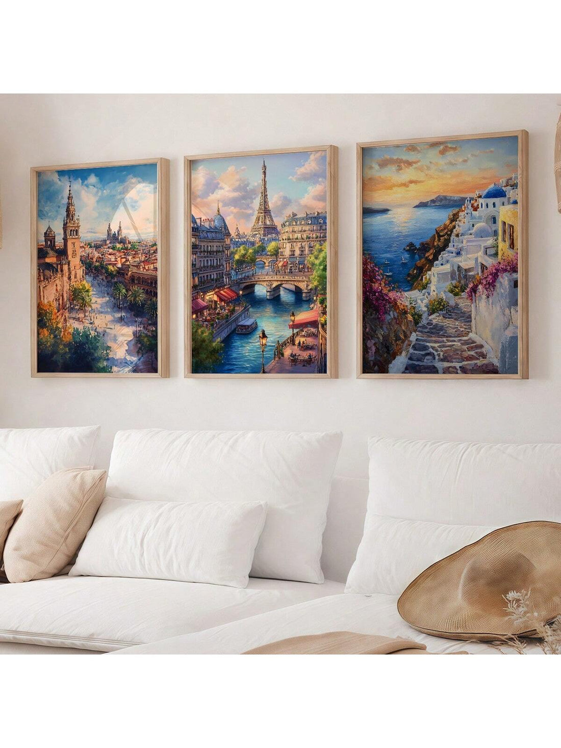 Brighten your space with this playful set of three frameless canvas prints featuring stylish pink and mint green hues inspired by the Greek Mediterranean. Perfect for adding a bohemian touch, these art pieces bring fresh, vibrant energy that livens up any room with effortless charm.