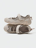 Stacked side-top view of beige adjustable mesh water shoes with rounded toes
