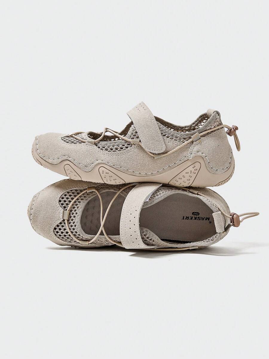 Stacked side-top view of beige adjustable mesh water shoes with rounded toes