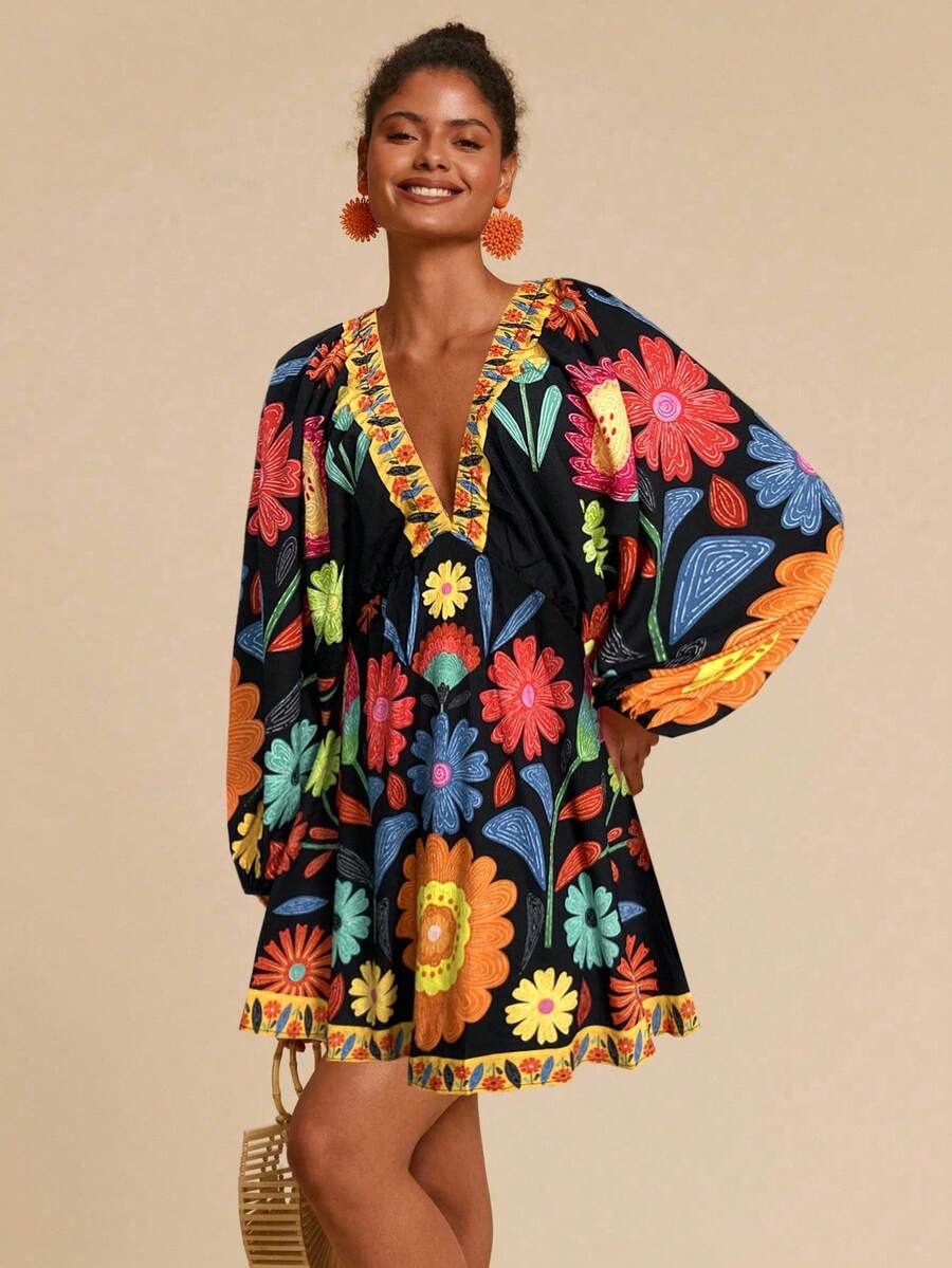 Embrace effortless elegance with this floral print V-neck mini dress, designed for the modern bohemian. Featuring batwing sleeves, a flattering A-line silhouette, and delicate ruffle hem detailing, this piece transitions seamlessly from beach days to vacation getaways. The contrast lace and knot accents add visual interest, while the natural waistline creates a refined fit. Crafted from a breathable 95% polyester and 5% elastane blend, this woven fabric dress offers comfort without compromise. 