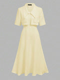 Full Outfit Front View in pale yellow with flared midi skirt for wedding and office styling