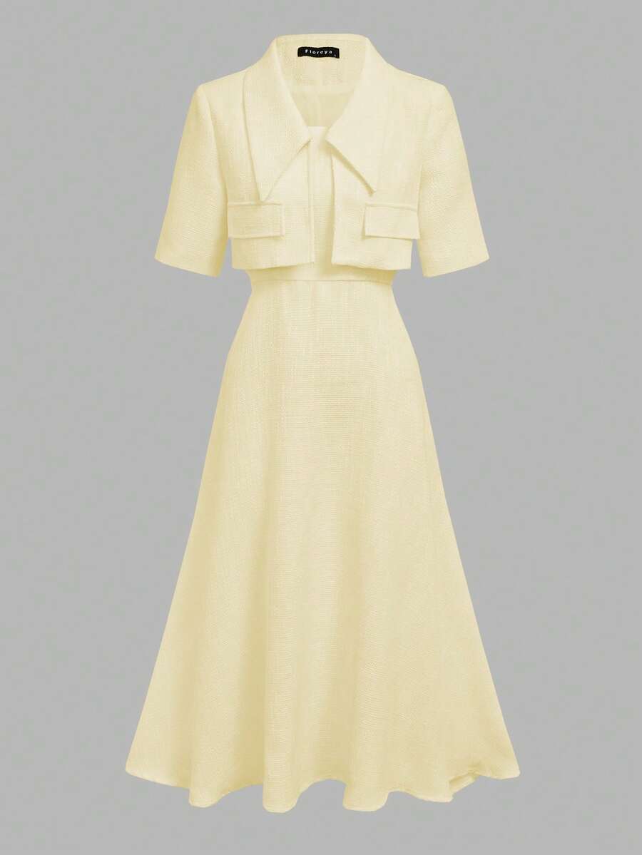 Full Outfit Front View in pale yellow with flared midi skirt for wedding and office styling