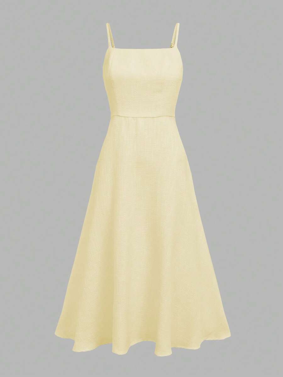Front View Of Cami Dress in pale yellow with flared midi skirt for wedding and office styling