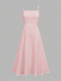 Front View Of Cami Dress in soft pink with flared midi skirt for wedding and office styling