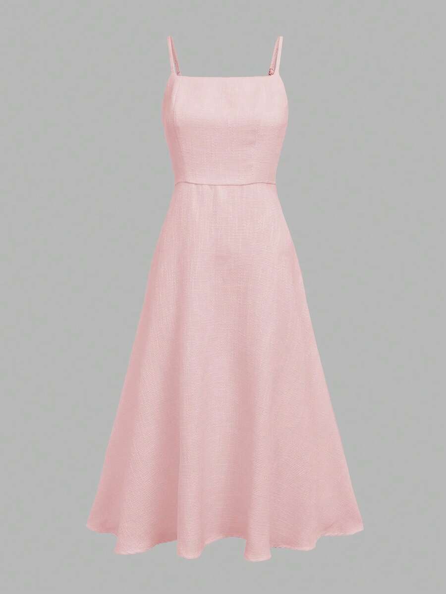Front View Of Cami Dress in soft pink with flared midi skirt for wedding and office styling