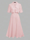 Full Outfit Front View in soft pink with flared midi skirt for wedding and office styling