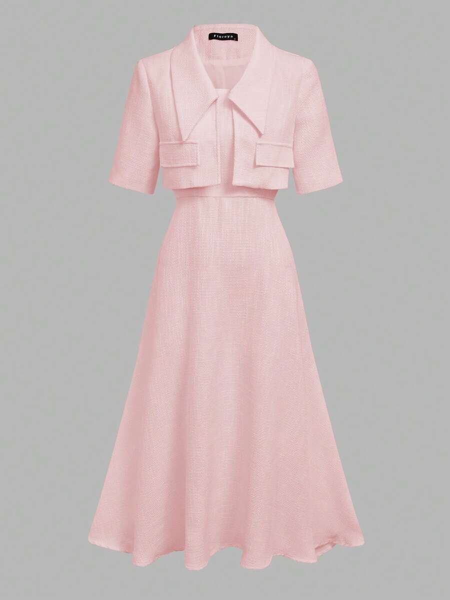 Full Outfit Front View in soft pink with flared midi skirt for wedding and office styling