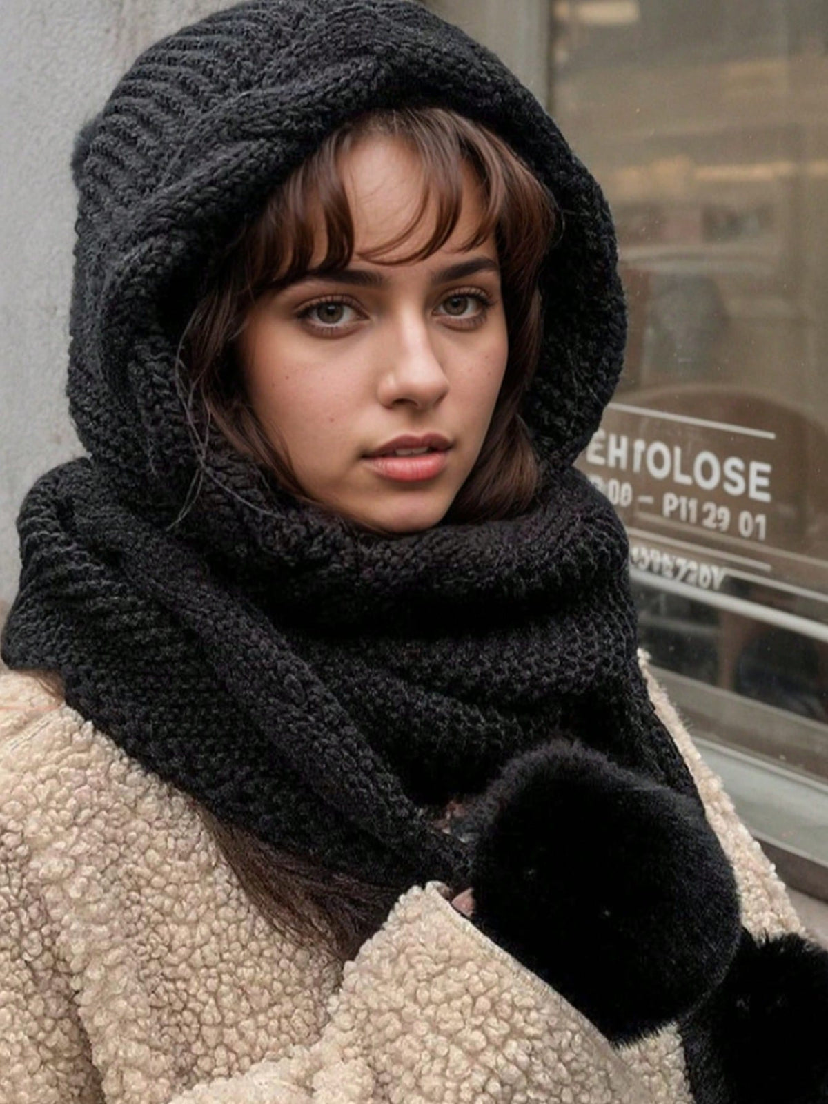 Black chunky-knit hood scarf wrapped around model, close view