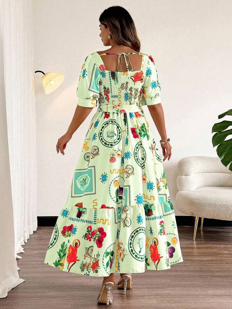 Elevate your vacation wardrobe with this plus size floral print dress, featuring elegant puff sleeves and a shirred bodice that enhances fit and comfort. Designed for effortless style, its breathable fabric and feminine silhouette provide both ease and sophistication, making it the perfect choice for warm-weather getaways and casual outings.