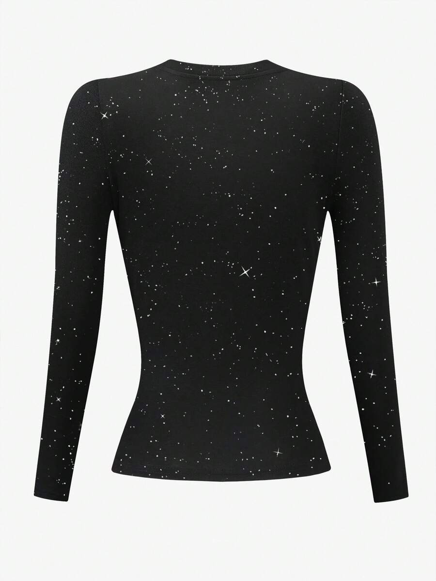 Back product view of black fitted long-sleeve T-shirt with all-over starfield design