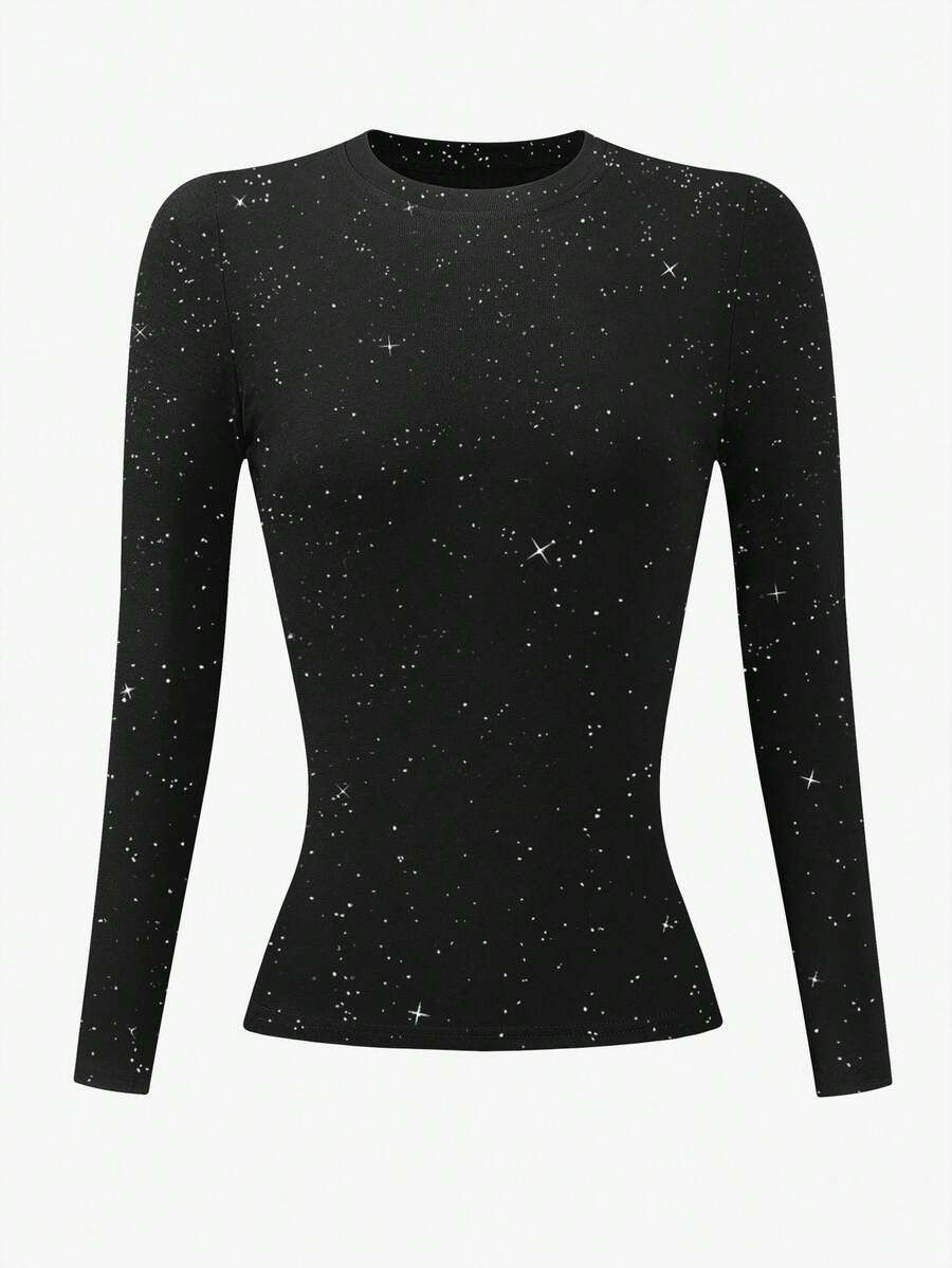 Front product view of black crew-neck top with all-over celestial star print