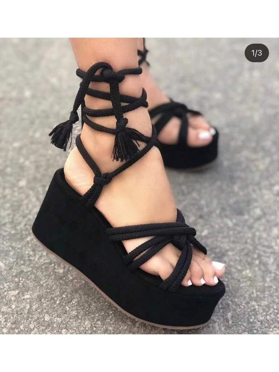 Step out in style with these playful lace-up wedge heel sandals designed just for you! Featuring a thick sole for extra comfort and a flattering lift, these summer sandals are perfect for sunny days and warm nights. Available in plus sizes, they combine fashion and function effortlessly, making every step feel lighthearted and chic. Embrace the season with a fresh twist on your footwear collection!