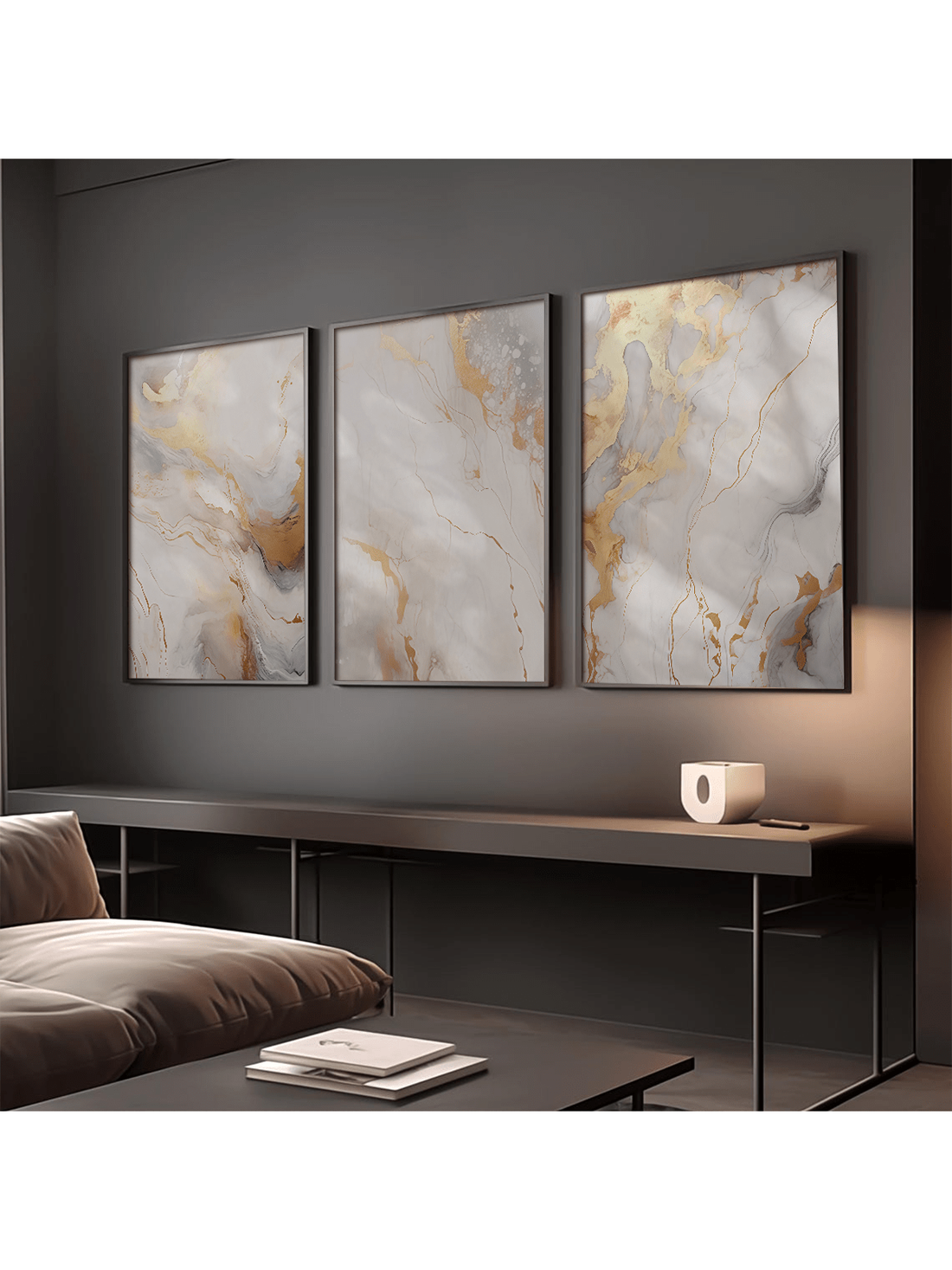 Add a splash of chic charm with this elegant trio of abstract marble wall art prints. Featuring a modern mix of grey, white, and gold tones, these prints effortlessly brighten any room—whether it’s your cozy living space or busy office. The playful swirl of marble patterns brings sophistication with a twist, making your walls the ultimate conversation starter. Easy to hang and sure to impress, this set turns blank walls into stylish statements!