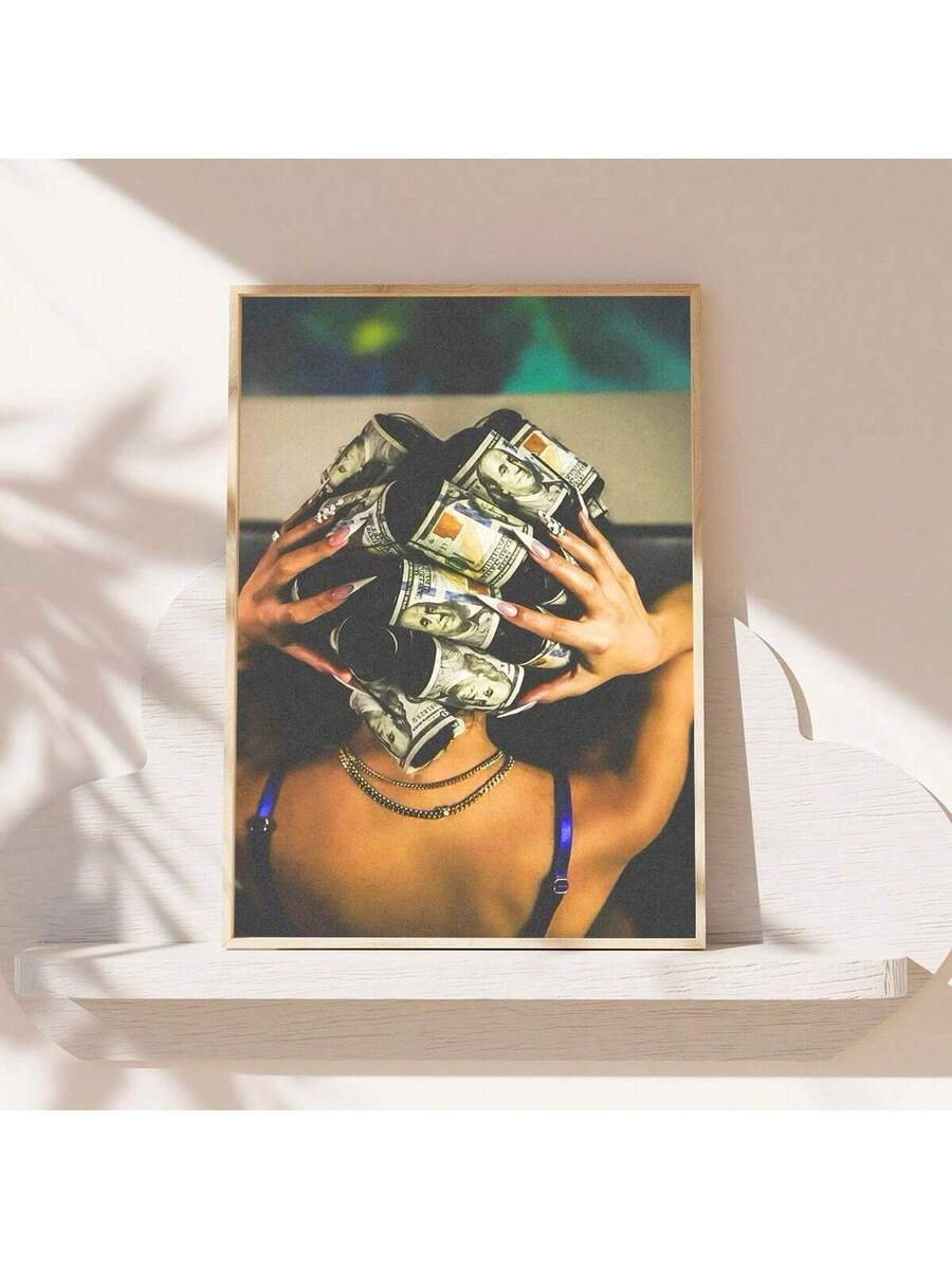 Warm money-themed glam artwork displayed on a bright wall