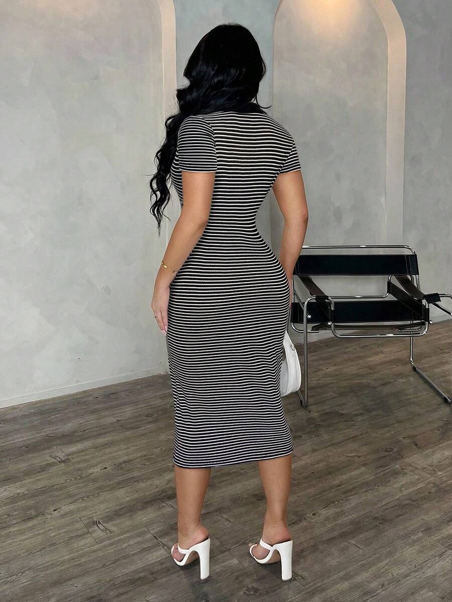 Black and white striped short sleeve polo midi dress full front view
