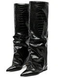 Shaft detail view of Stylish Knee-High Slouchy Shark Boots with Chunky Heels for Parties and Office Wear for knee high boot styling